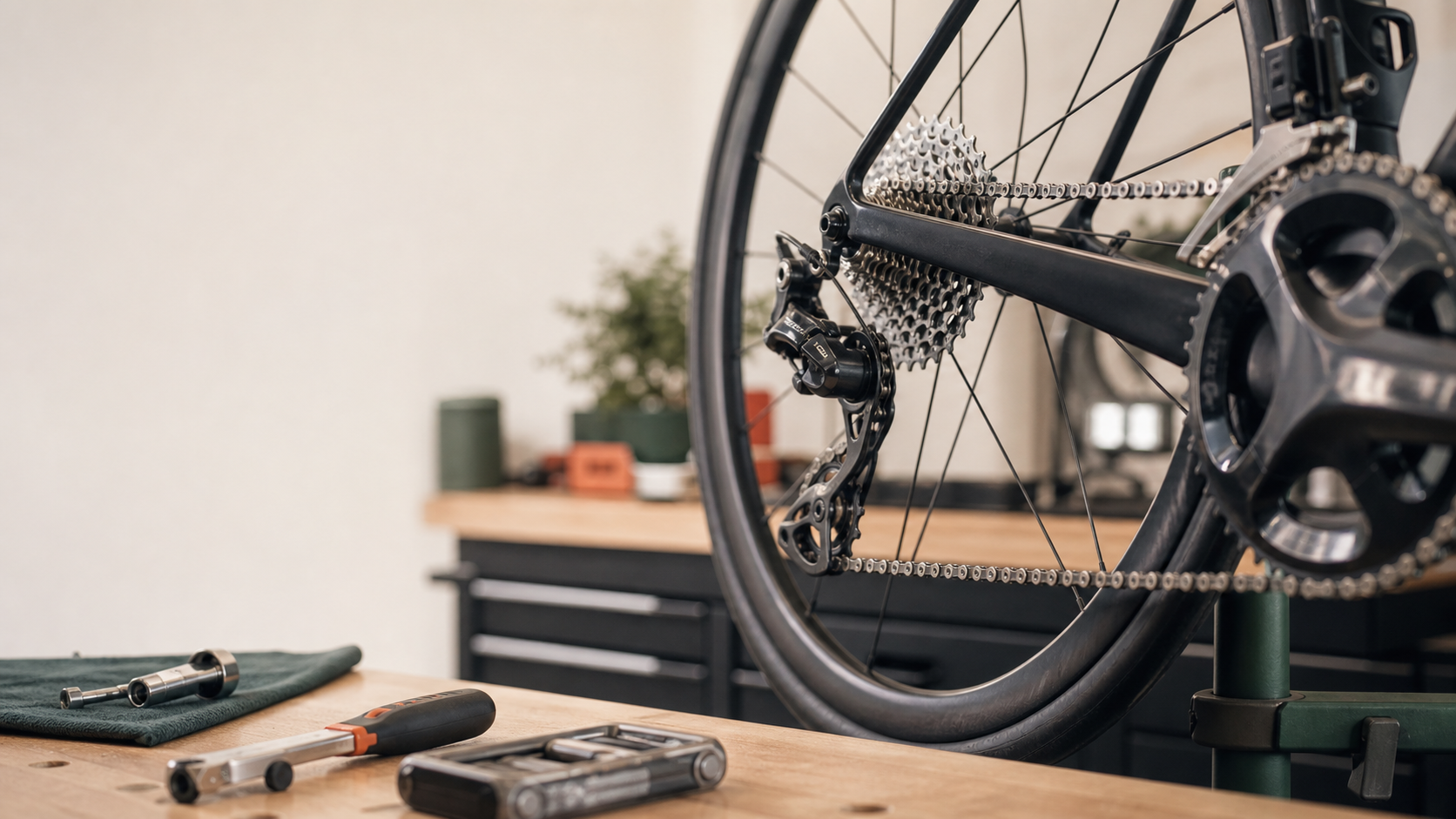 Road bike drivetrain on a workshop stand